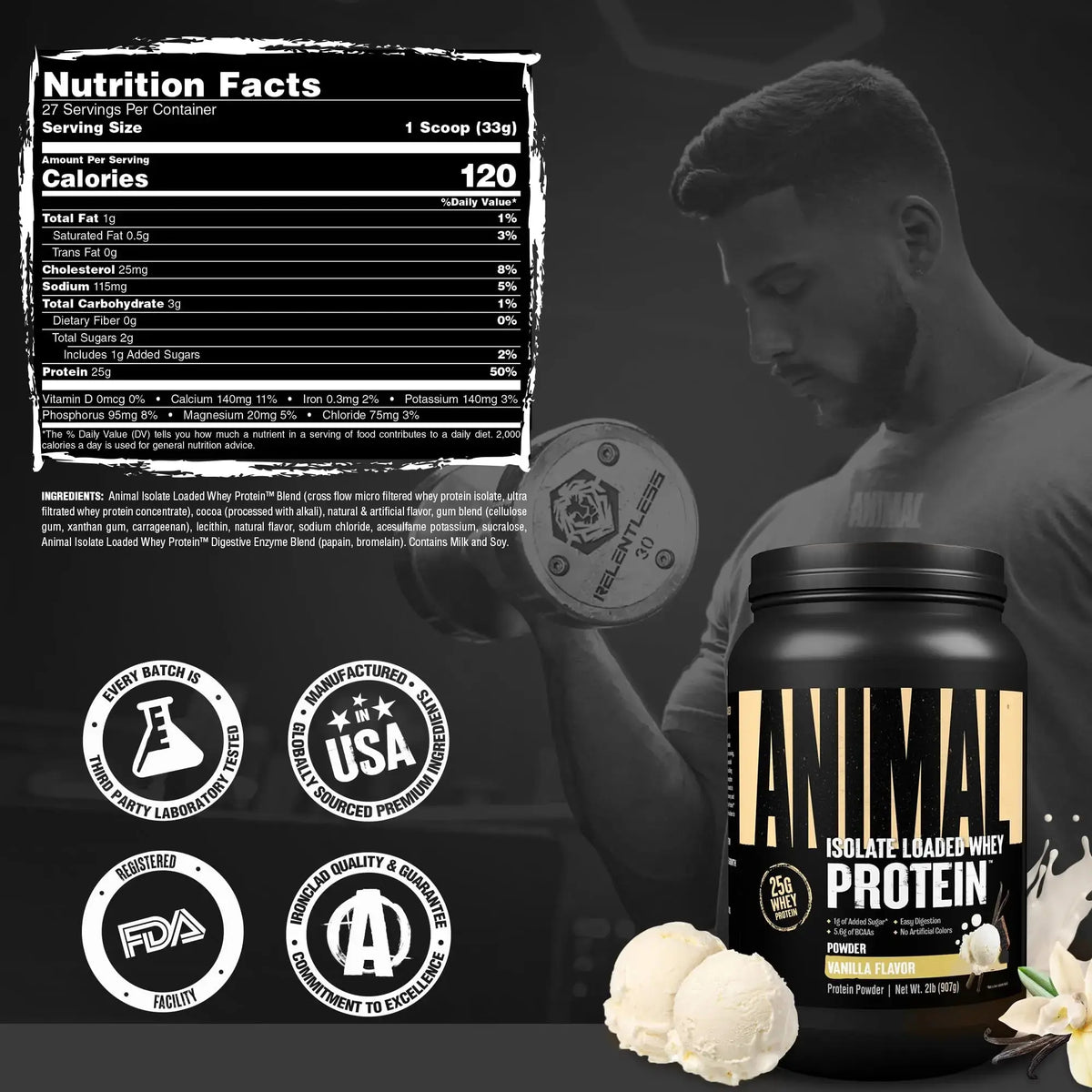 Animal Whey Isolate Protein Powder - Loaded for Pre & Post Workout Muscle Builder and Recovery with Digestive Enzymes for Men & Women - 25g Protein, Great Taste, Low Sugar - Vanilla 2 lbs Animal