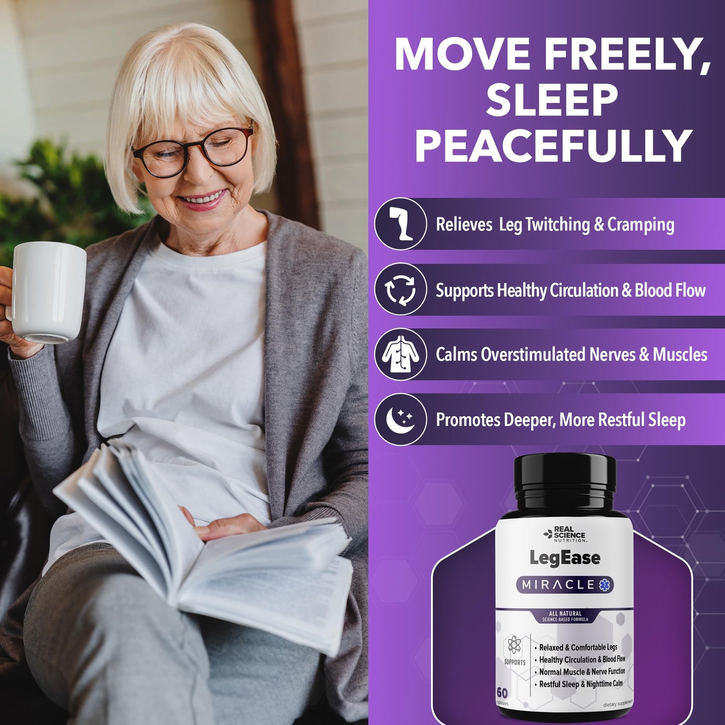 Real Science LegEase Miracle – All Natural Restless Legs Syndrome Relief & Leg Cramp Supplement with Vitamins C, D, K, B6, B12 + Nitric Oxide Support – Sleep & Circulation Aid – Made in USA, 60 Caps Real Science Nutrition