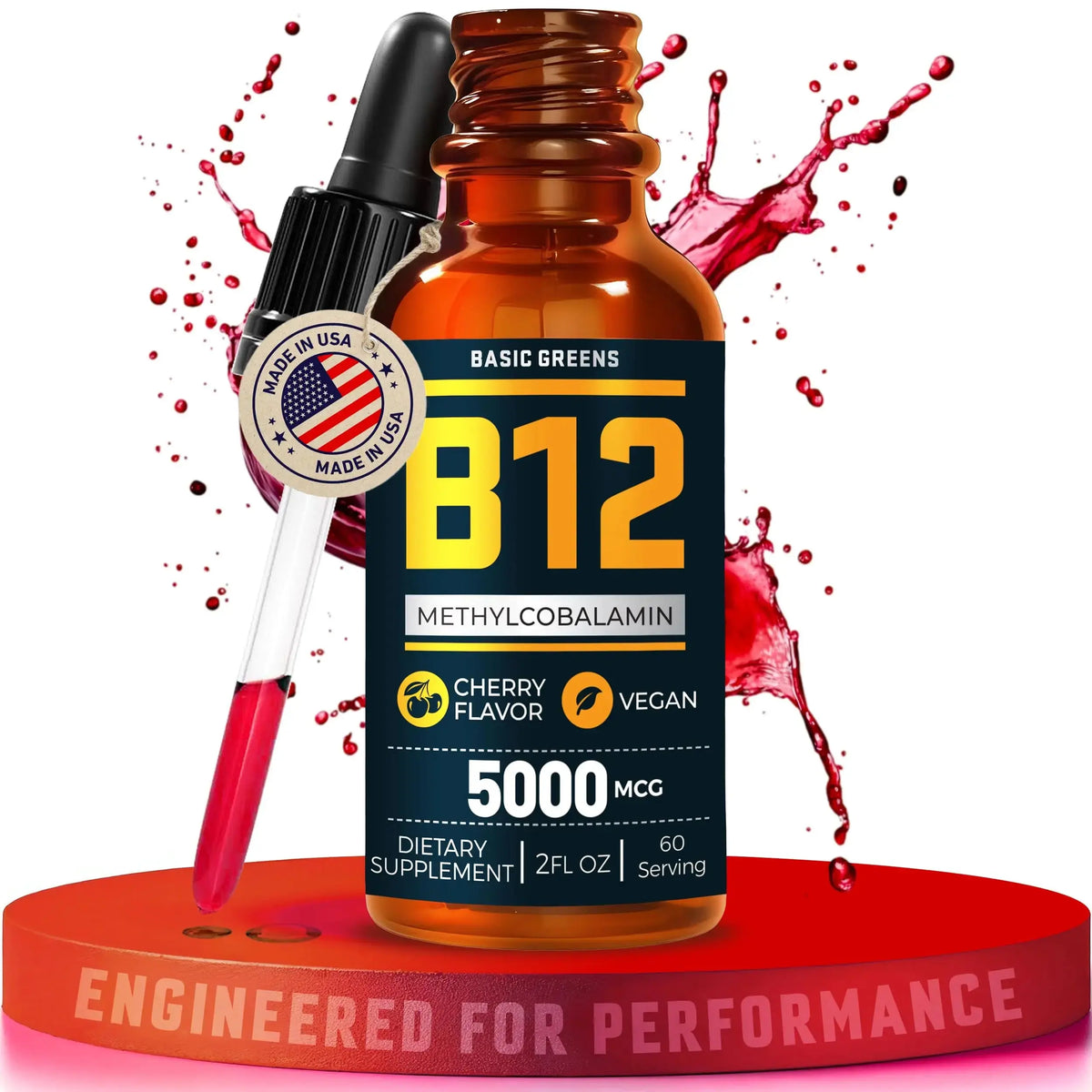 Vitamin B12 Sublingual Liquid Drops 5000 mcg – Vegan Methyl B-12 Supplement for Energy & Focus – B 12 Vitamin for Women & Men BASIC GREENS