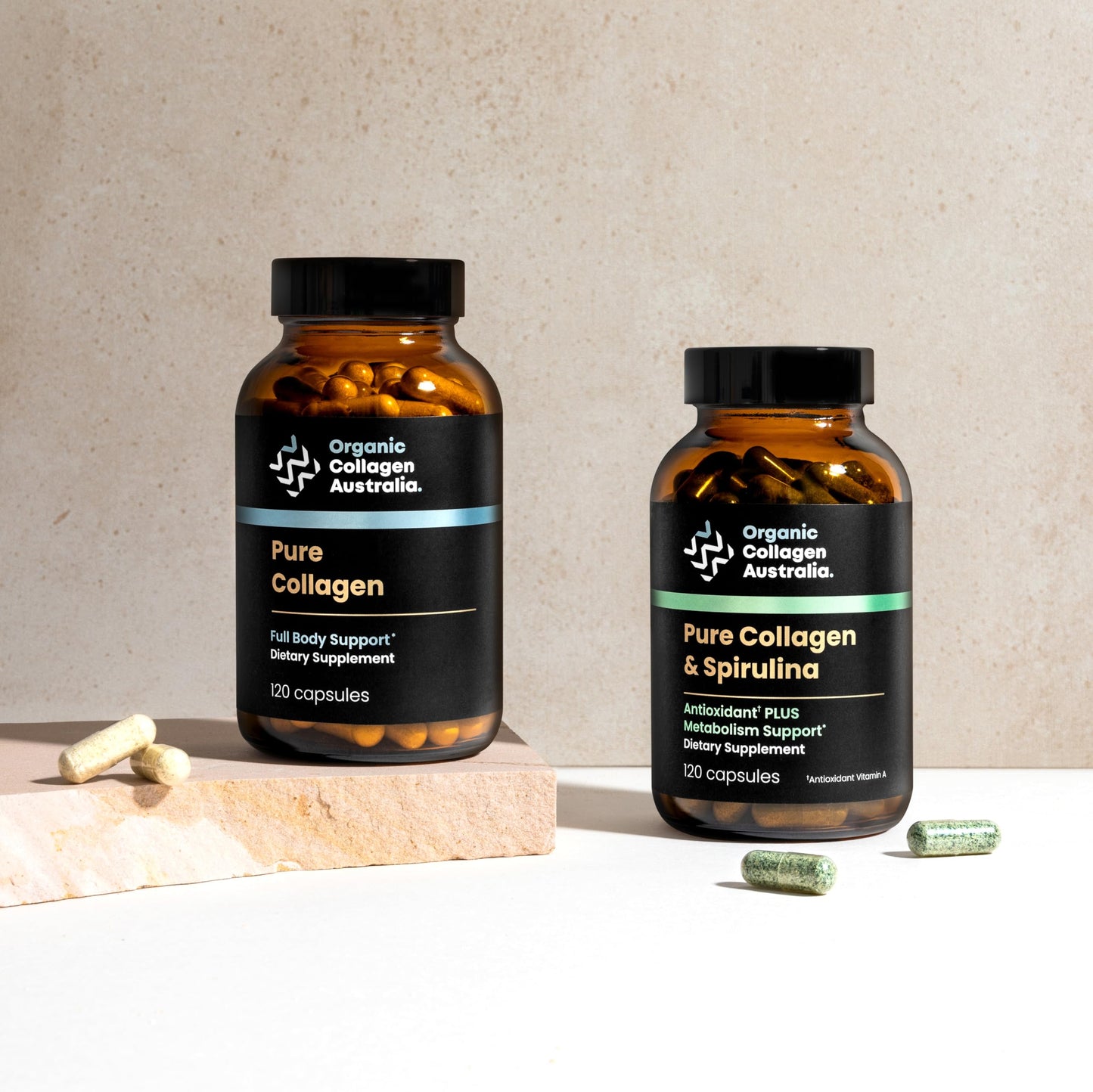 Organic Collagen Australia Pure Collagen & Spirulina Capsules – Antioxidant-Rich Supplement for Skin Elasticity, Joint Health, Metabolism Support & Energy (120 Capsules) Organic Collagen Australia