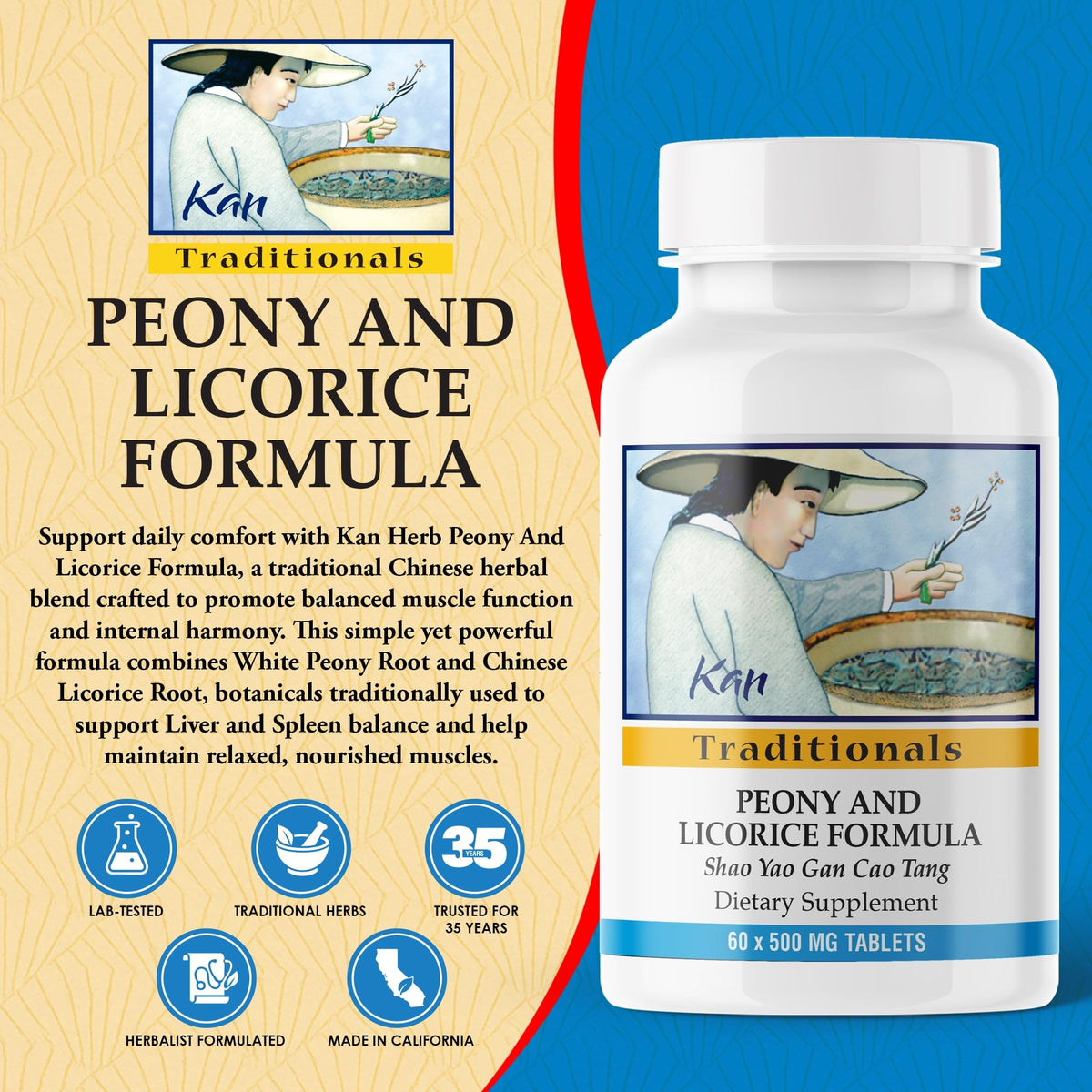 Kan Herbs Company Peony & Licorice Formula Tablets – Traditional Chinese Herbal Blend with White Peony Root & Chinese Licorice to Support Liver Balance, Muscle Comfort & Digestive Harmony, 60 Tablets Kan Herb
