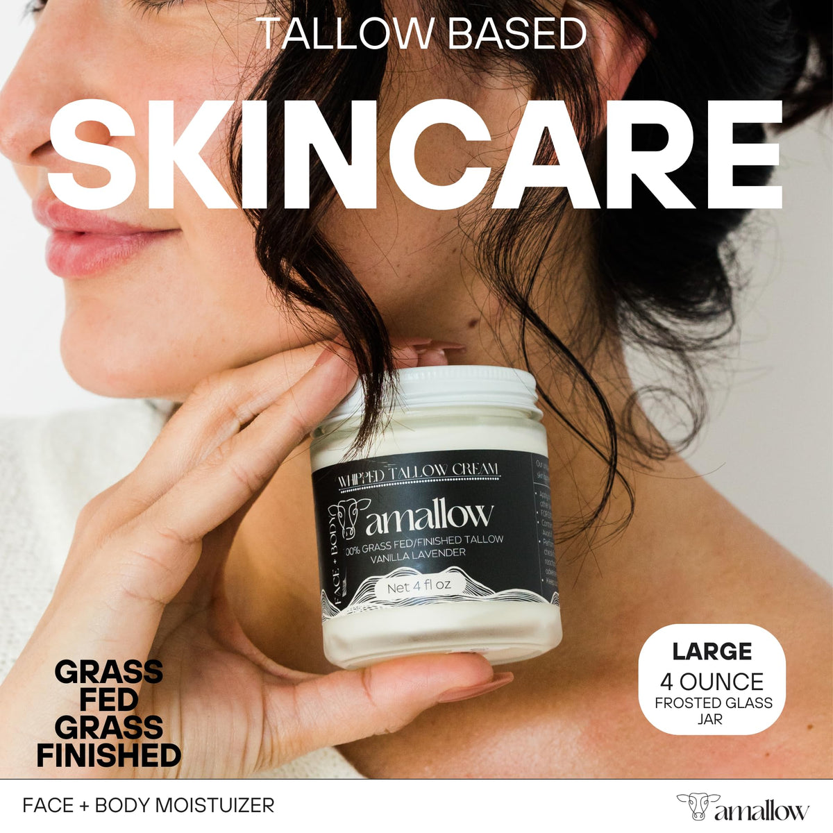 Amallow 100% Grass Fed Beef Tallow for Skin Care - Face + Body - Whipped Moisturizer - Natural Lotion, 4 FL. oz. (Vanilla Lavender) Amallow