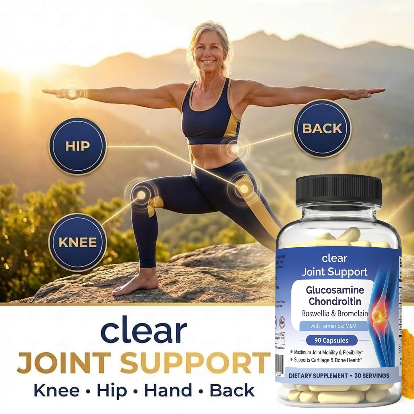 Clear Joint Support - 3-Month Supply | 3-Pack (270 Capsules) | Glucosamine Chondroitin MSM, Turmeric & Boswellia | Supports Knee, Hip & Back Health | Made in USA Clear Probiotics