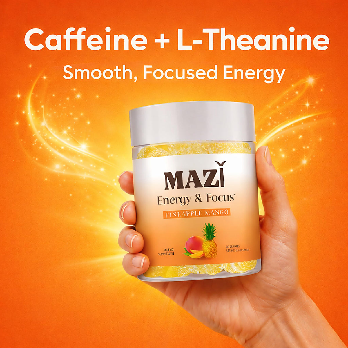 Energy & Focus Gummies | 100mg Natural Caffeine + L-Theanine + Vitamin B6 & B12 + CoQ10 | Nootropic Cognitive Brain Performance Supplement | No Crash or Jitters MAZI
