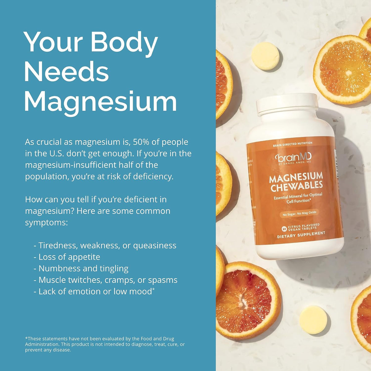 BRAINMD Dr Amen Magnesium Chewables, Citrus - 60 Chewable Tablets - Essential Mineral for Optimal Cell Function - Supports Memory & Focus - Gluten Free - 60 Servings Gsupps Australia