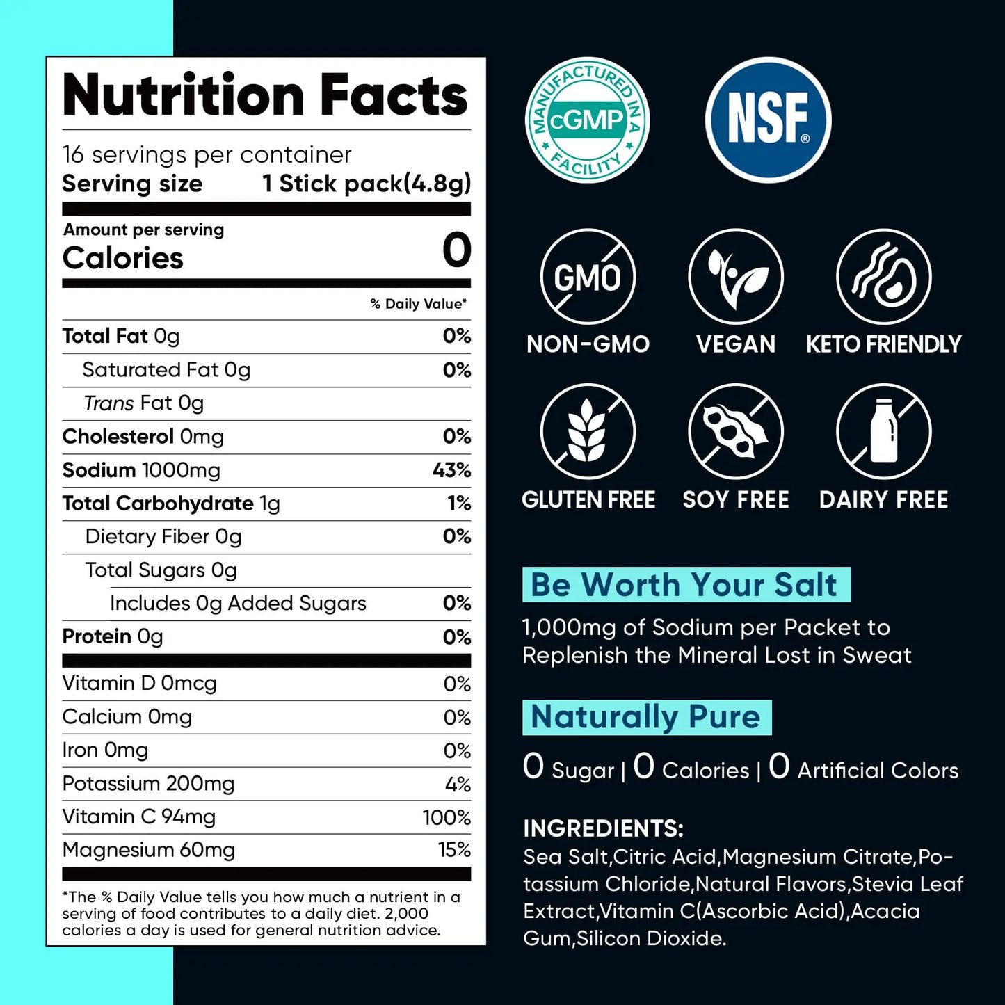 Venture Pal High Sodium Sugar Free Electrolytes Powder Packet, Zero Calories Hydration Packets with Vitamin, Sodium, Potassium & Magnesium, Electrolyte Drink Mix Venture Pal