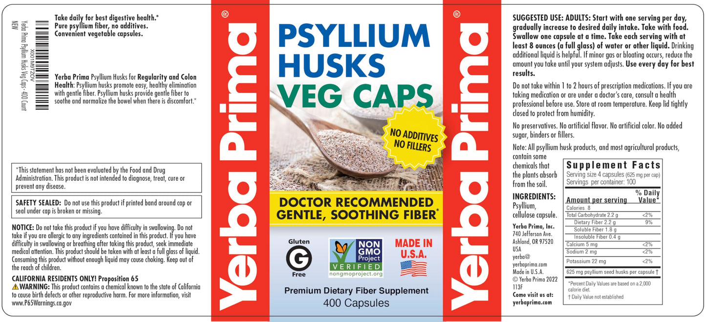 Yerba Prima Psyllium Husks Veg Caps, 400 Capsules (625mg) - Vegan, Non-GMO, Gluten Free, Colon Cleanser Yerba Prima