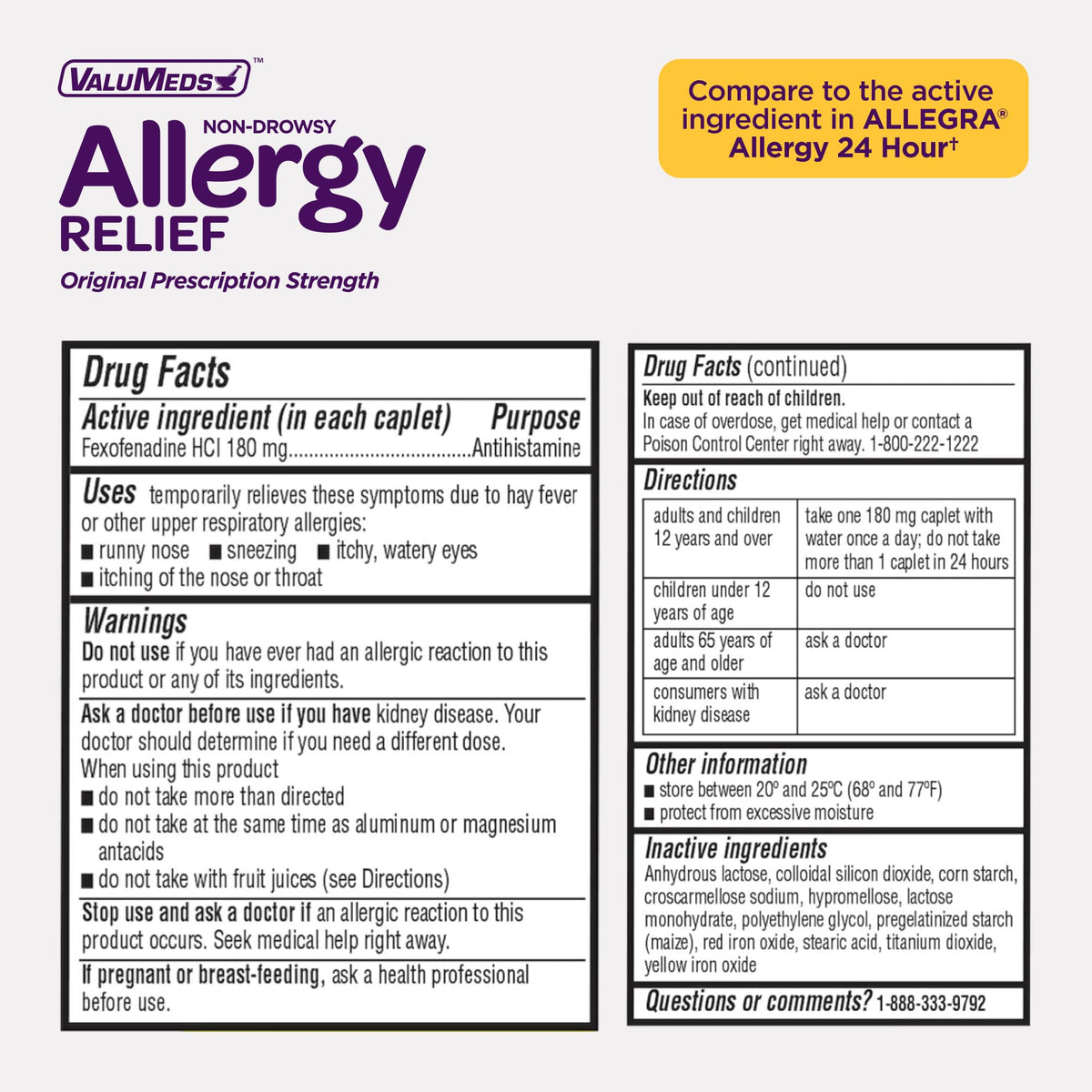 ValuMeds | Compare to Allegra | Fexofenadine HCl 180mg | 24-Hour Allergy Relief, Non-Drowsy Antihistamine Generic Medicine for Allergies, Hay Fever, Itchy Eyes | for Kids & Adults (100 Count) ValuMeds