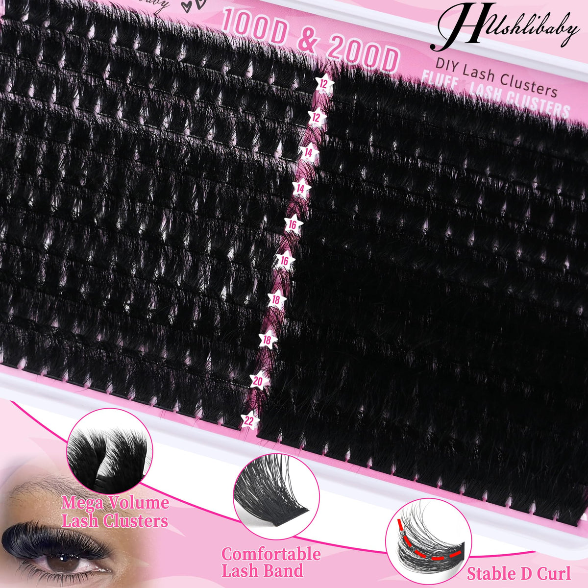 Lash Clusters 100D+200D Mega Thick Lashes Clusters 12-22mm Wispy Individual Thick Volume Lashes Cluster Eyelash Extensions 280Pcs DIY Lash Extension at Home, by Hushlibaby(Plant Fiber) Hushlibaby