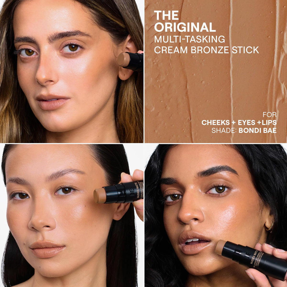 Nudestix Nudies Bronze All Over Matte Bronzing Stick – 3-in-1 Cream Bronzer for Cheeks, Eyes & Lips with Built-In Brush | Natural Contour & Sun-Kissed Glow | Bondi Bae Nudestix