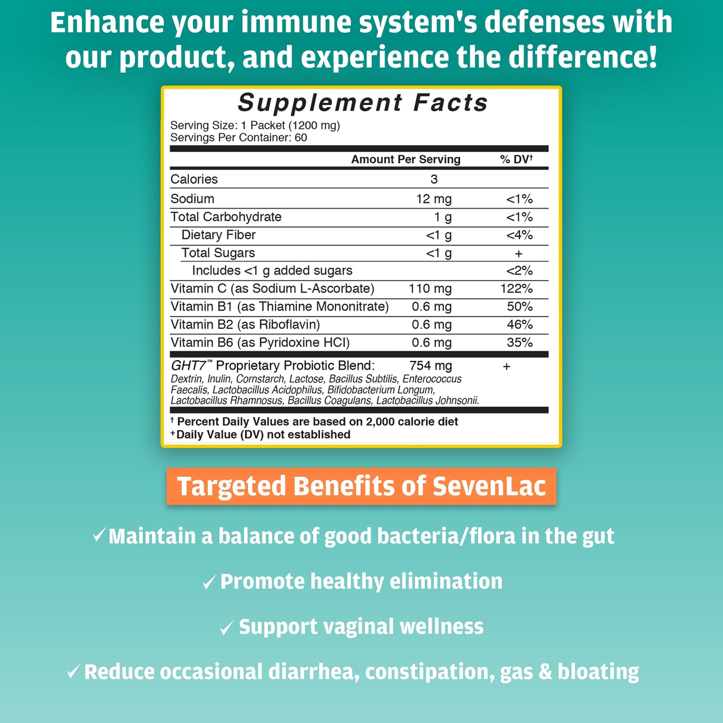 Global Health Trax SevenLac Apple Probiotic Powder Drink Mix, Probiotics for Women, Men, and Kids – Smooth Digestive Support - Relieves Constipation and Gas – 60 Packets, 2.54 Oz, Non-GMO, Gluten-Free ght Global Health Trax