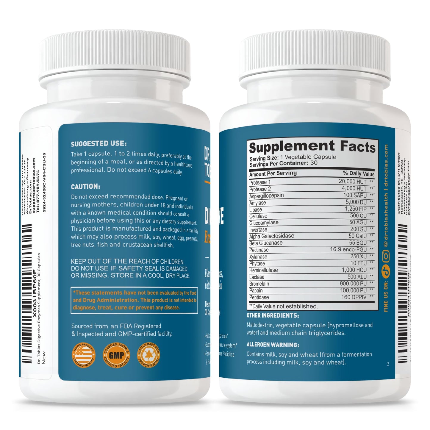 Dr. Tobias Digestive Enzymes Digestion Supplement with 18 Enzymes for Digestion and Gut Health | Includes Amylase Bromelain Lipase Lactase Protease Papain & More (60 Capsules 30 Servings) Gsupps Australia