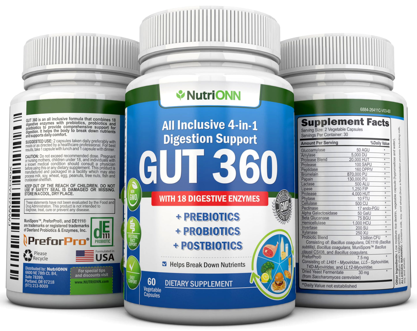 4-in-1 Probiotics, Prebiotics & Postbiotics with 18 Digestive Enzymes for Women & Men - Complete Gut & Digestive Support Supplement NutriONN