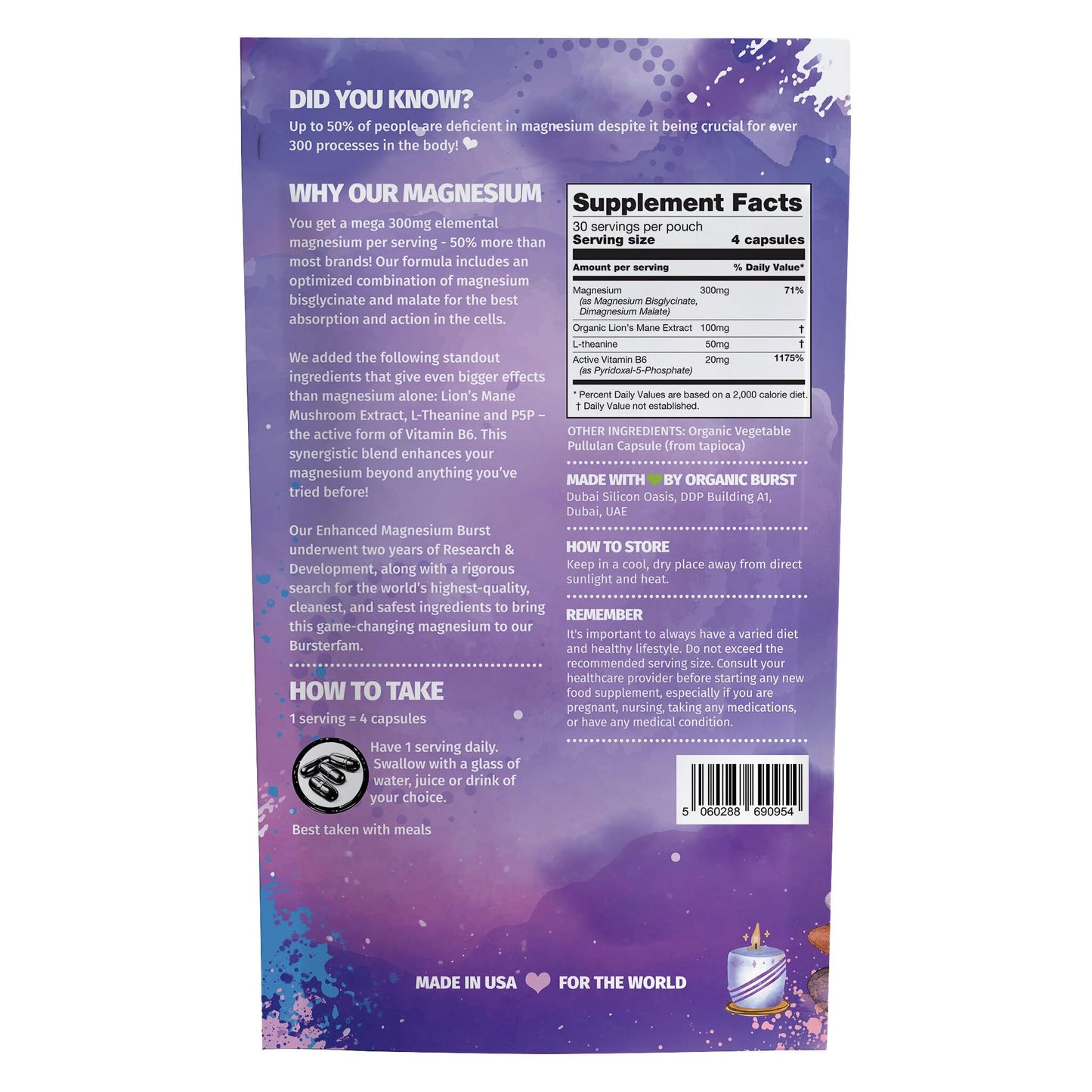 Enhanced Magnesium (Capsules) | Precise 300mg per Serving | Enhancement Blend: Organic Lion's Mane Extract, L-theanine, Active Vitamin B6 | 120 Capsules - by Organic Burst Organic Burst
