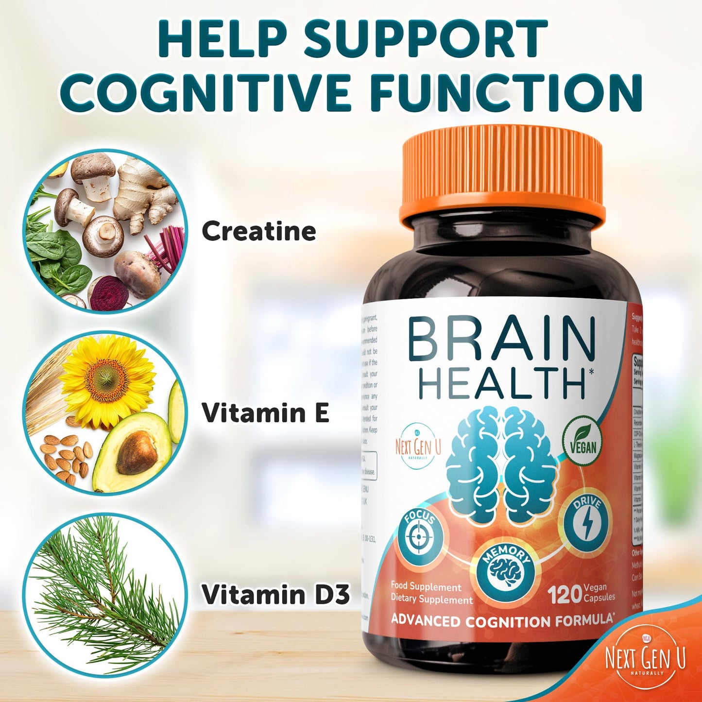 Brain Supplement - 120 Vegan Capsules - Dietary Nootropic May Help Memory, Cognitive Function & Focus - Formulation with Amino Acids, Polyphenols & B Vitamins - for Women, Men & Seniors - by NextGenU NGU Next Gen U