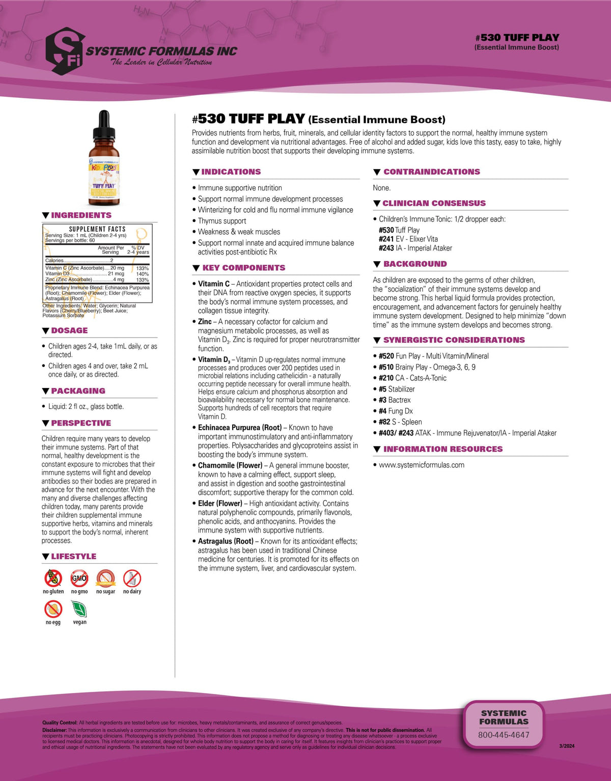 Systemic Formulas Tuff Play Kids Immune Support Supplement, 2 Fl Oz, with Vitamins C, D3 and Zinc #530 Systemic Formulas