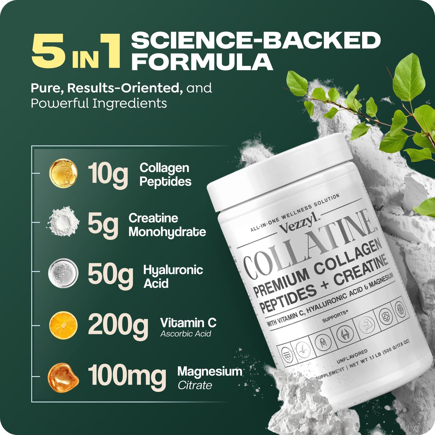 Vezzyl - Collatine - Premium Collagen Peptides + Creatine with Vitamin C, Hyaluronic Acid and Magnesium for Skin, Hair, Nails, Bone & Joint, Muscle, Immune and Cognitive Aid (.55 LB (250 G/8.8 OZ) Vezzyl