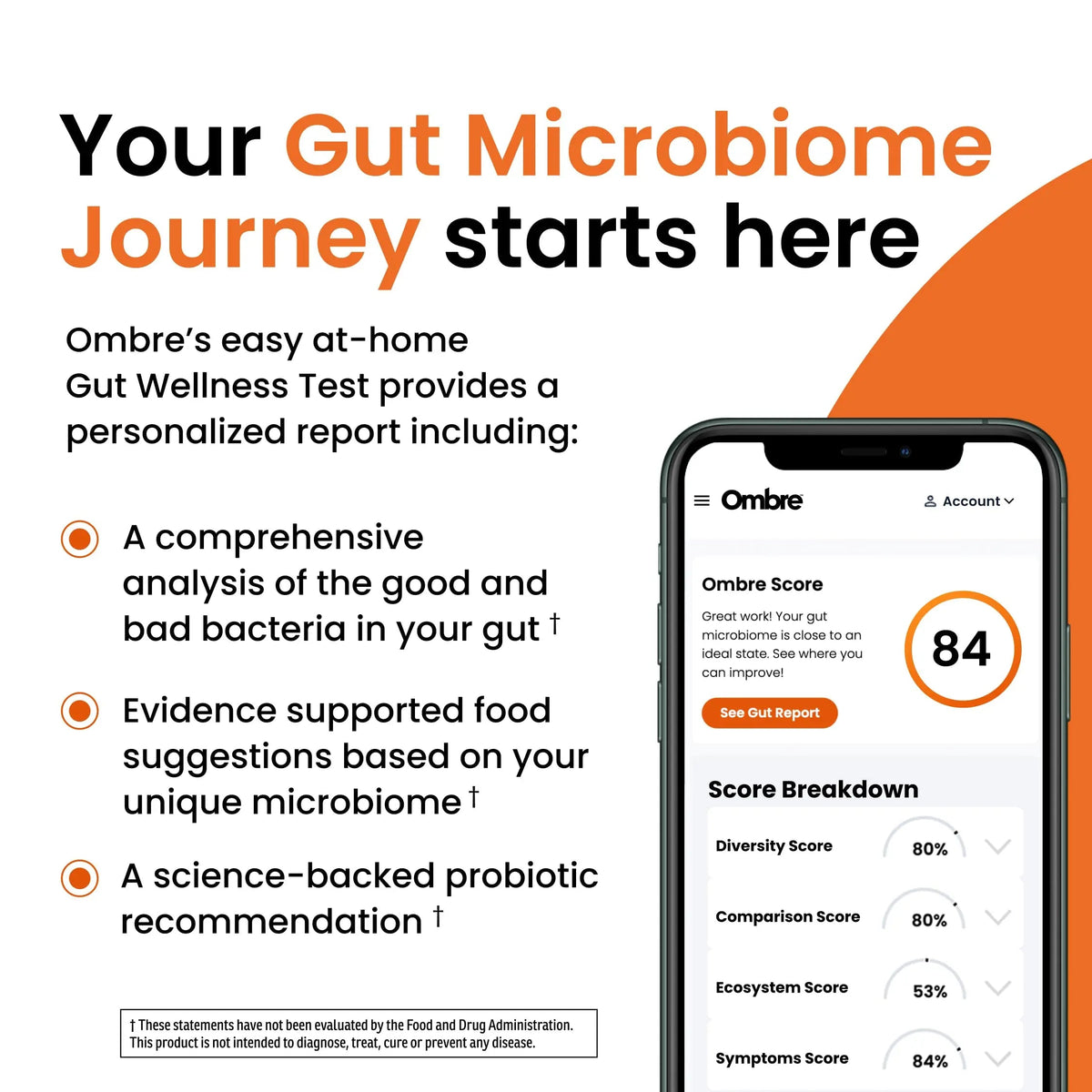 Ombre Gut Health Test Kit - Probiotic Recommender at Home Test for Women & Men - Detailed Custom Gut Microbiome Analysis for Digestive, Immune and Mental Health with Food Suggestions Ombre
