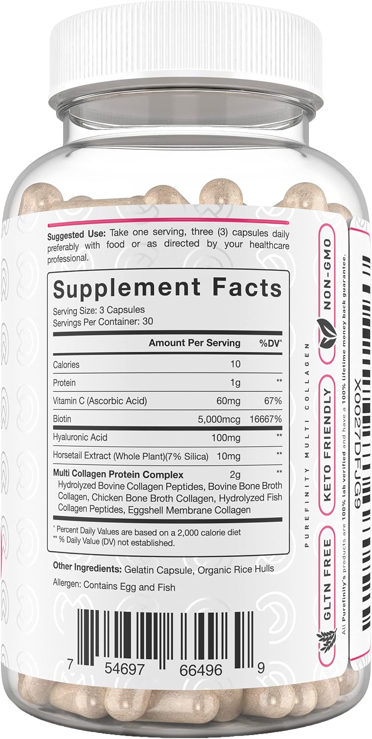 PUREFINITY Collagen Peptides for Women – Type I, II, III, V & X with Biotin & Hyaluronic Acid, Supports Healthy Skin, Bones, Hair & Nails – Non-GMO, Grass-Fed (90 Capsules, 1 Month Supply)