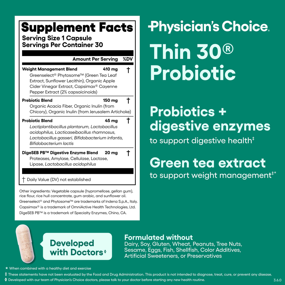 Physician's CHOICE Probiotics for Weight Management & Bloating - 6 Probiotic Strains - Prebiotics - Key ingredient Cayenne - Supports Gut Health - Weight Management for Women & Men - Green Tea - 30 CT Physician's CHOICE