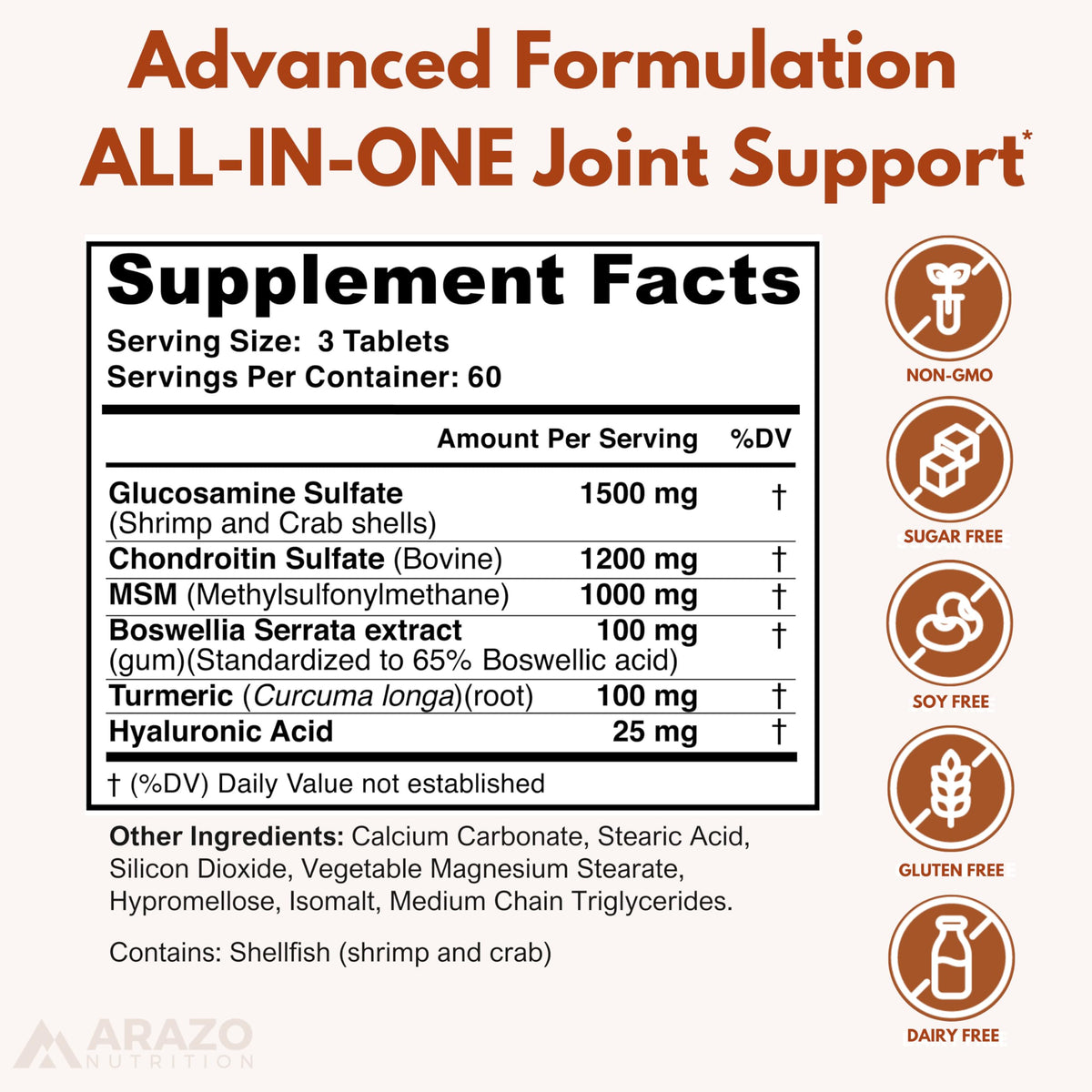 Arazo Nutrition Glucosamine Chondroitin Turmeric Msm Boswellia - Joint Support Supplement for Relief 180 Tablets for Bones, Back, dailyvitalstore