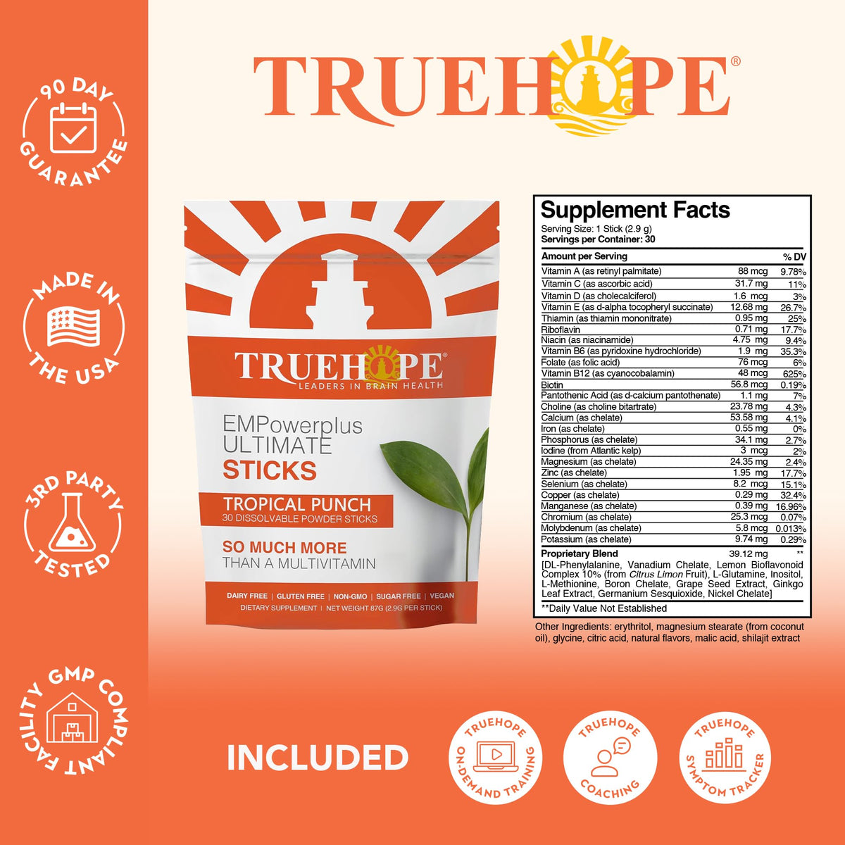 Truehope Multivitamin Nootropic Pouches with Inositol - Once-Per-Day EMPowerplus Ultimate Sticks - 30 Count (Tropical) Truehope