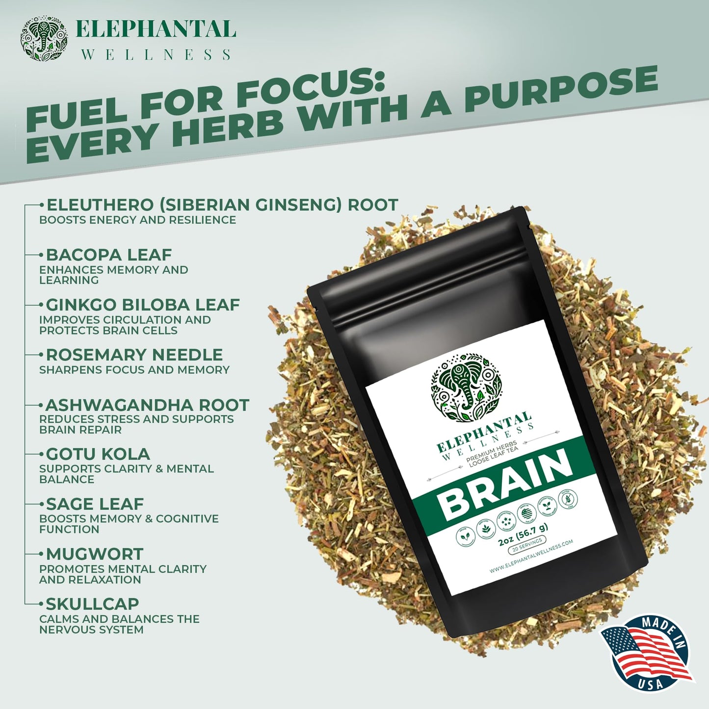Elephantal Wellness Premium Brain Herbal Tea | Nootropic Focus & Mental Clarity with Ginkgo, Bacopa, Gotu Kola & Rosemary | Non-GMO, Caffeine-Free Coffee Alternative, Handmade Loose Leaf Blend, 2oz Loose Leaf, 20 Servings Elephantal Wellness