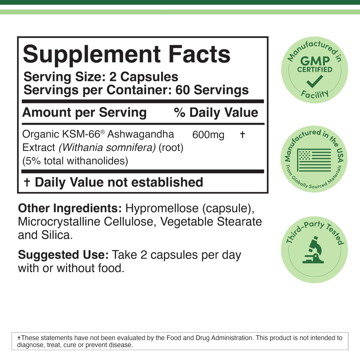 Double Wood Supplements Ashwagandha KSM 66 Organic and Clinically Studied Extract (600mg Per Serving, 120 Capsules, 60 Servings) Double Wood Supplements