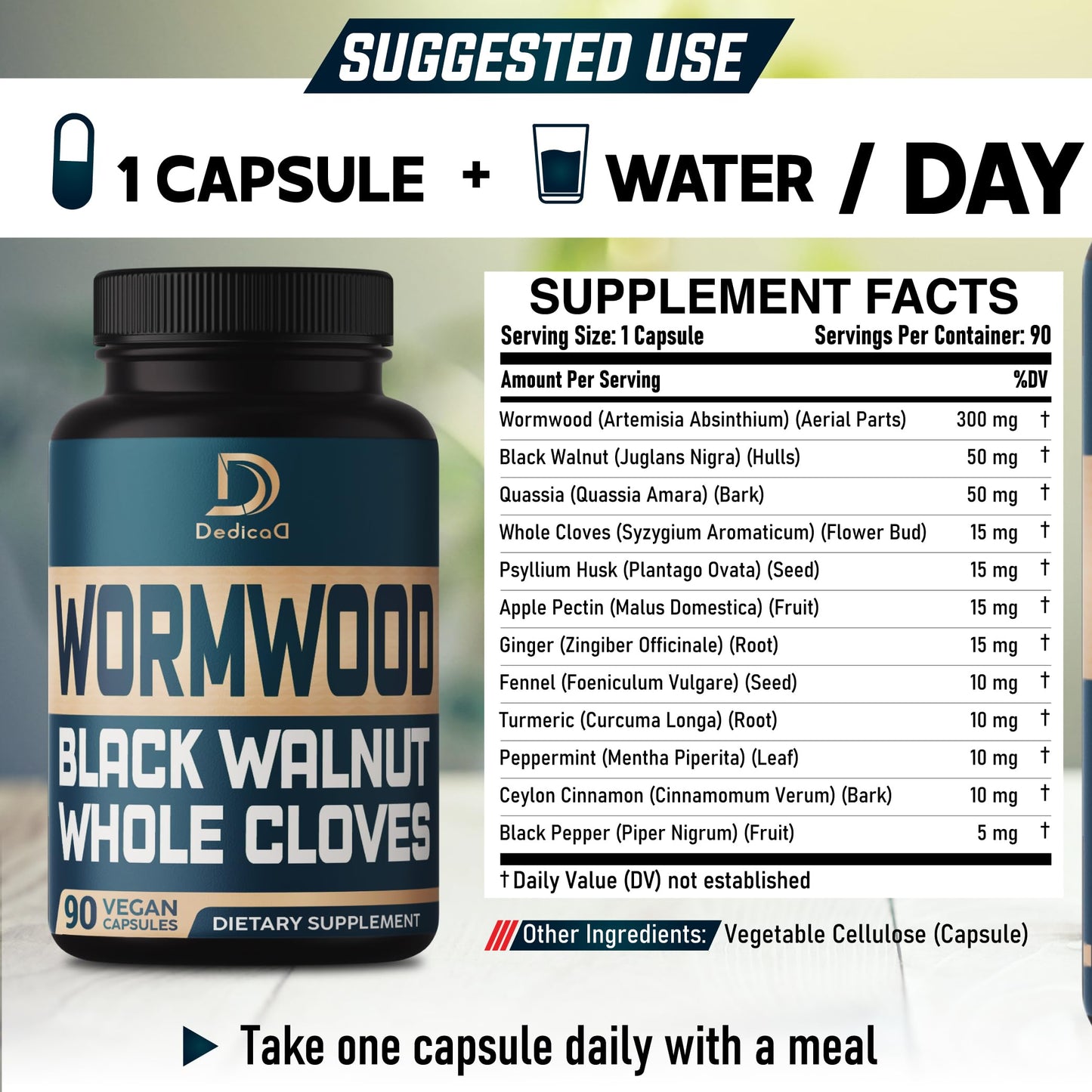DEDICAD 12in1 Wormwood Black Walnut Clove Capsules - Immune, and Mood Support - 3 Month Supply - 90 Vegan Capsules DEDICAD