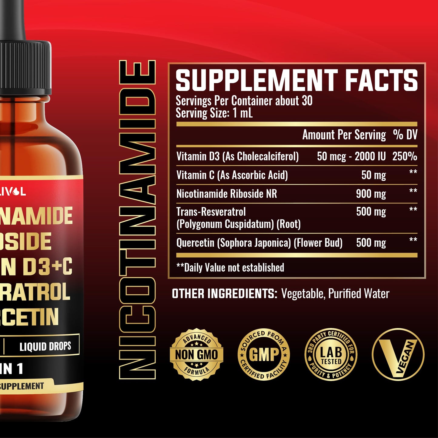 MILIVOL 5in1 NAD+ Liquid Drops w/Nicotinamide Riboside NR 900mg, Quercetin 500mg, Trans-resveratrol 500mg, Vitamin D3-C - Cellular Energy & Repair, Vitality, Healthy Aging - 1FL Oz - 1 Month Supply MILIVOL