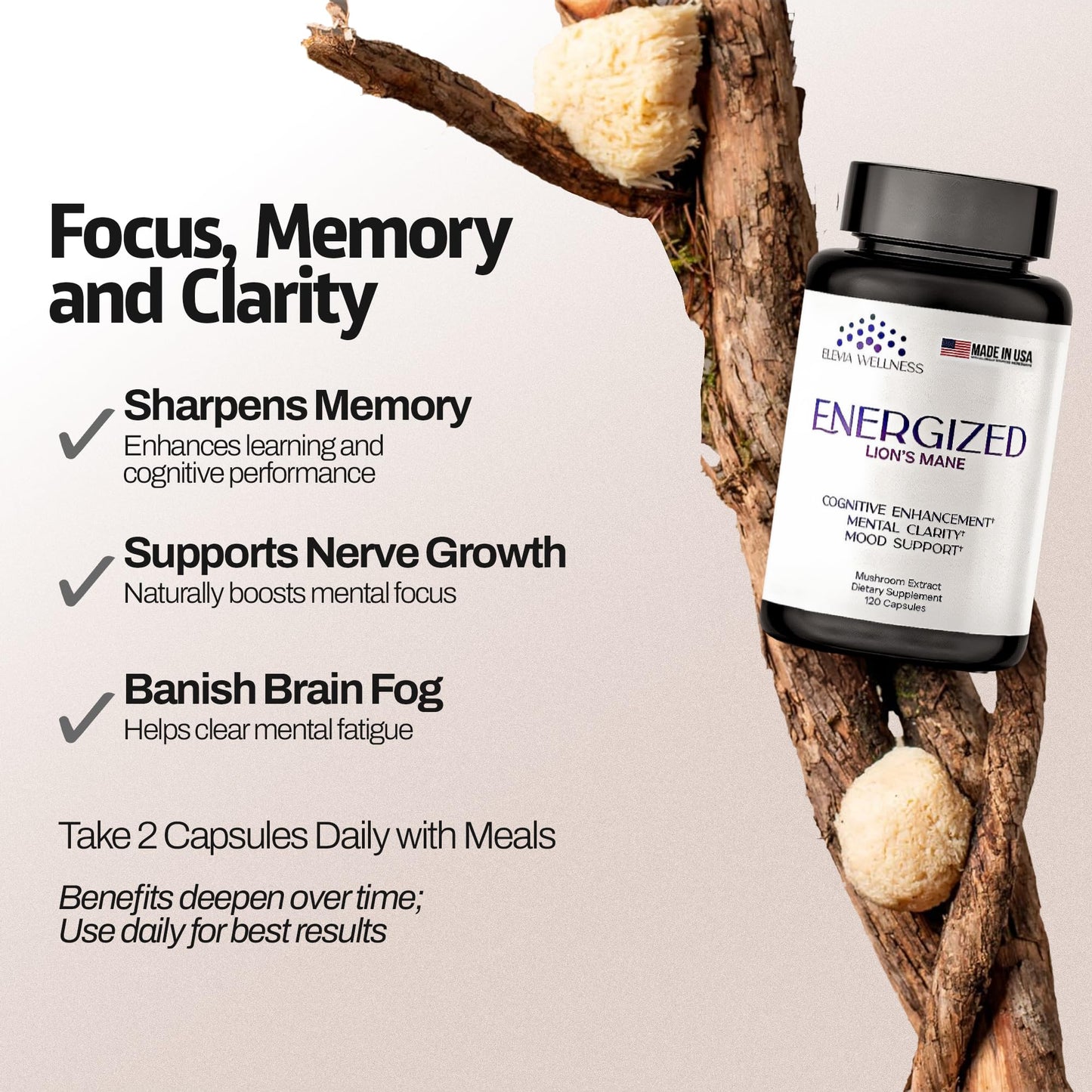 Energized Lions Mane Supplement Capsules (120ct),Brain Supplements for Memory and Focus, Nootropic for Brain Fog Relief Made in USA,30% Polysaccharides,Natural Brain Health Support Elevia Wellness