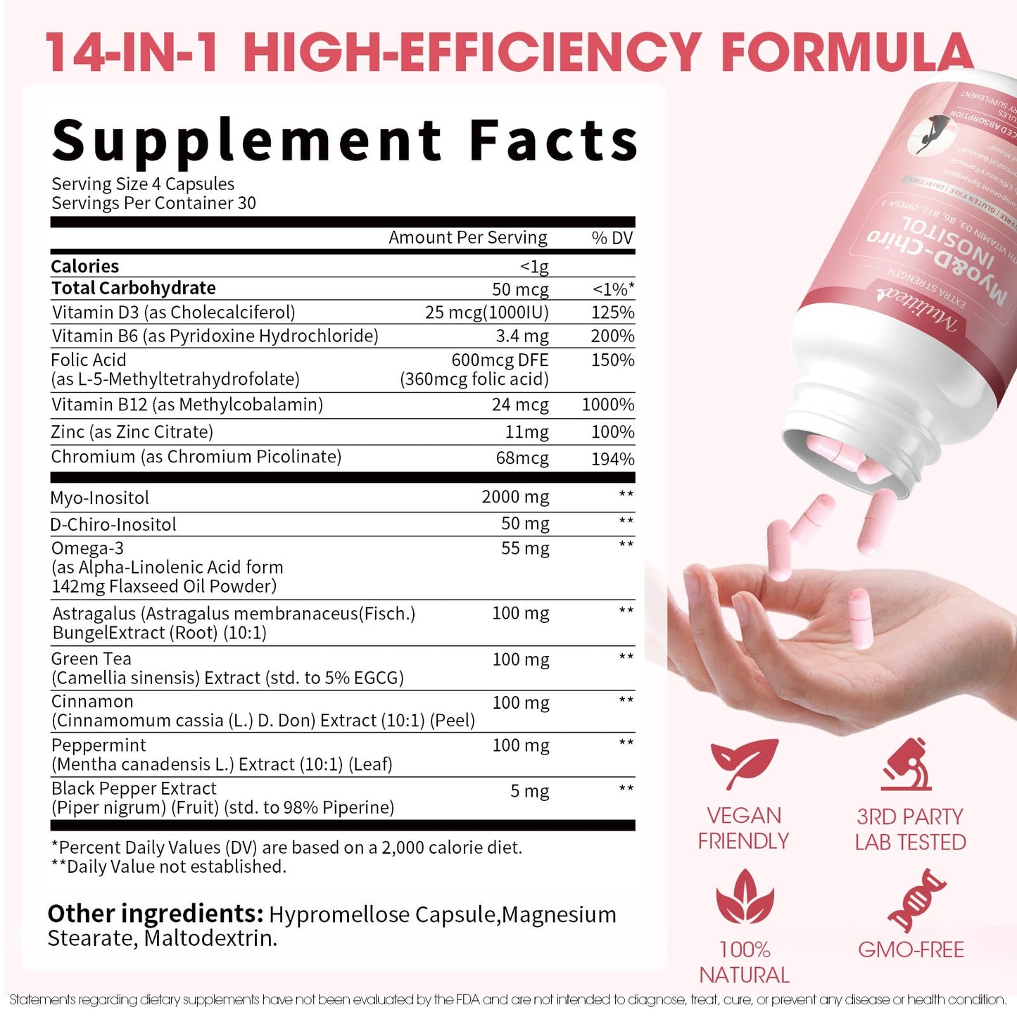 Mulittea Myo-Inositol & D-Chiro Supplement for Women - 14-in-1 Liposomal Inositol with Folic Acid,Omega-3 & Multivitamin for Hormone Balance,Support Ovarian,Skin & Mood- 40:1 Vegan 120 Capsules Mulittea