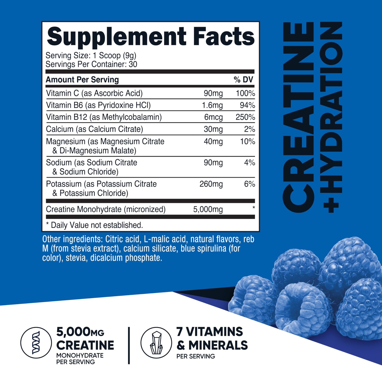 Nutricost Creatine Monohydrate + Hydration Blue Raspberry Flavored (30 Servings) - 7 Vitamins & Minerals, 5000mg of Creatine Per Serving Nutricost