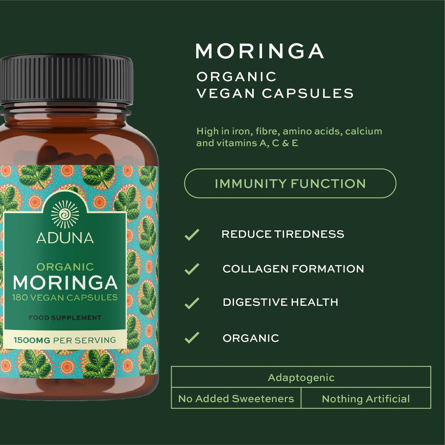 Aduna Organic Moringa Capsules 1500mg | 100% Pure Moringa Leaf for Energy, Immunity & Focus | Natural Plant-Based Food Supplement for Tiredness, Recovery & Breastfeeding | 180 Vegan Capsules Aduna
