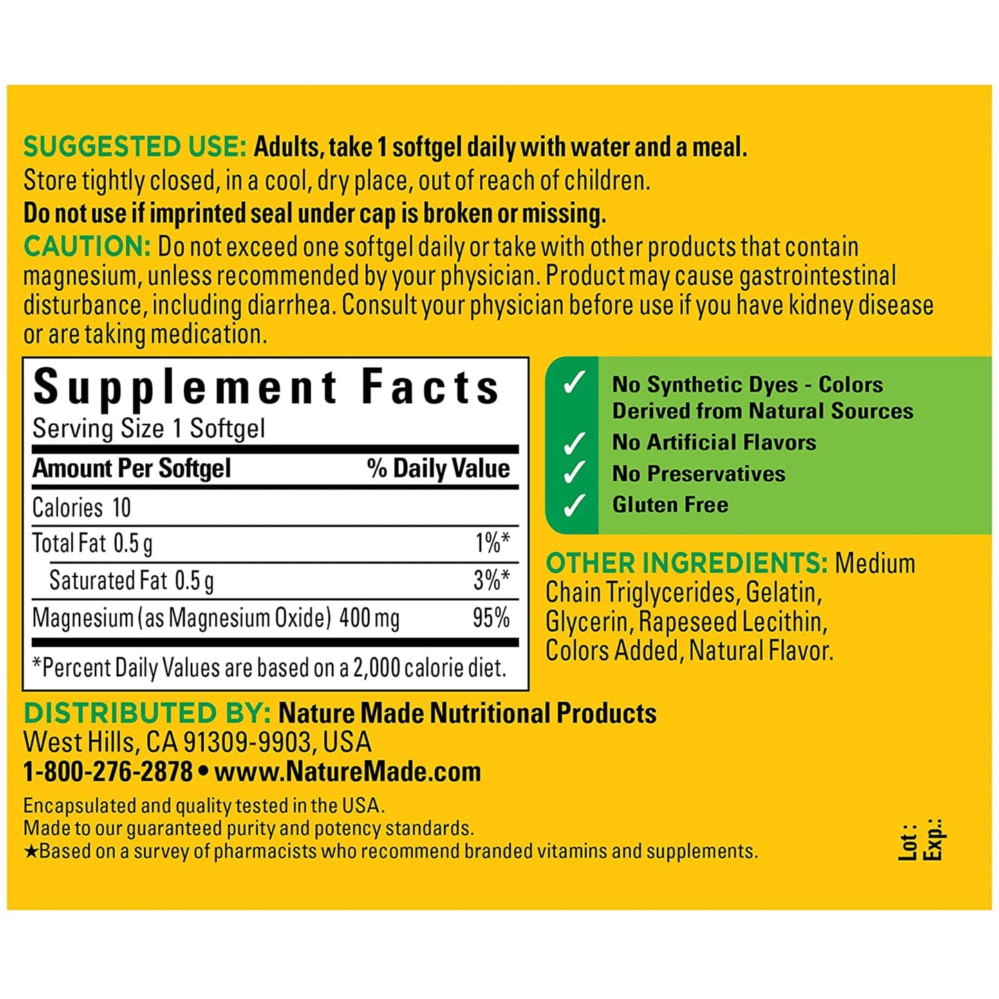 Nature Made Extra Strength Magnesium Oxide 400 mg, Dietary Supplement Nature Made