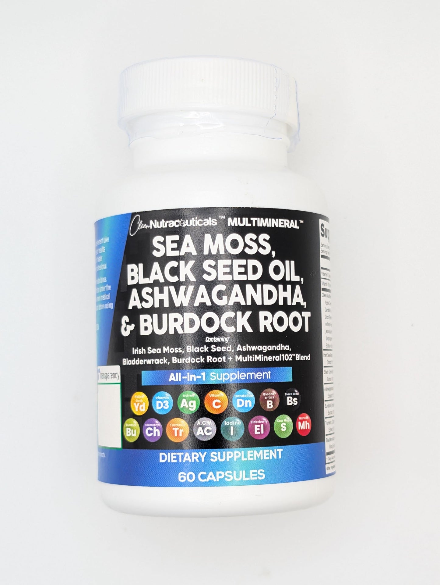 Sea Moss Black Seed Oil Ashwagandha Turmeric Bladderwrack Burdock & Vitamin C Vitamin D3 with Elderberry Manuka Dandelion Yellow Dock Iodine Chlorophyll ACV - 5Pack Clean Nutraceuticals