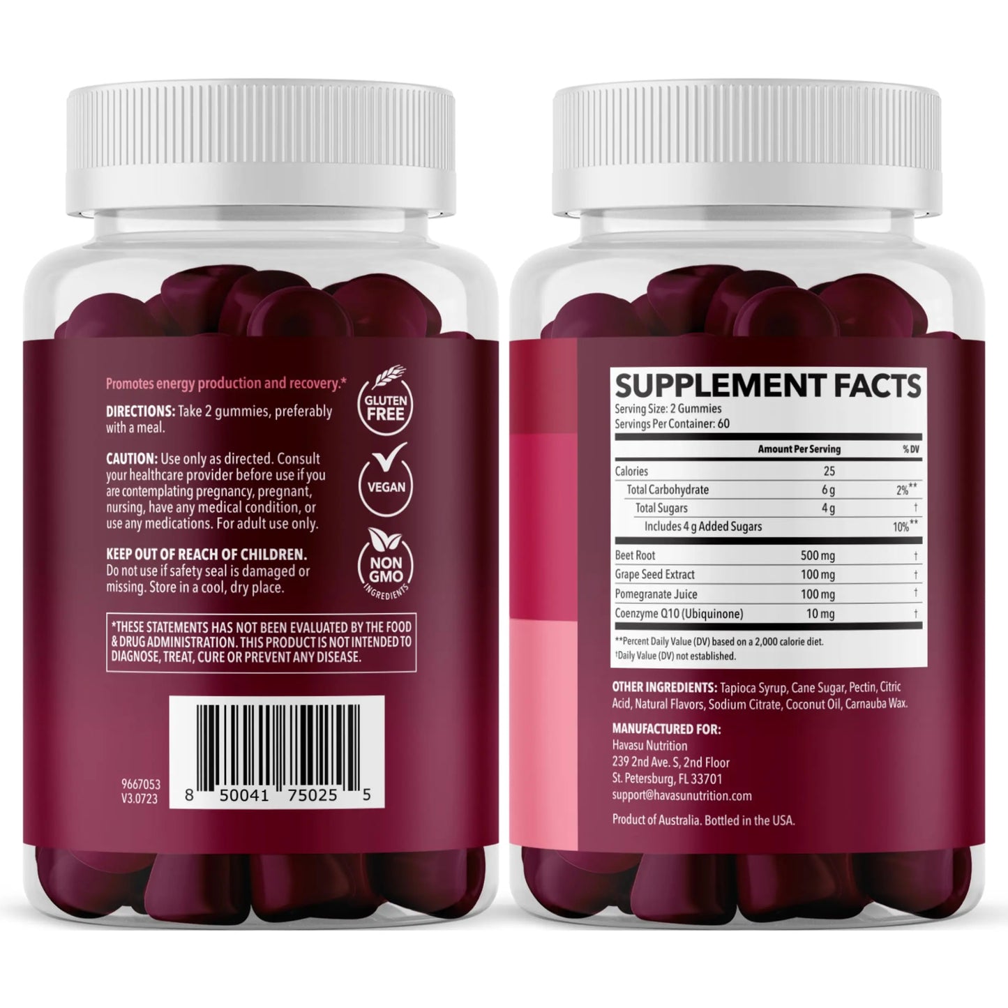 Beet Root Gummies with COQ10 & Pomegranate - Nitric Oxide Supplement for Men and Women - Beetroot for Endurance, Performance, Recovery - Vegan, Non-GMO, Gluten Free - HAVASU NUTRITION