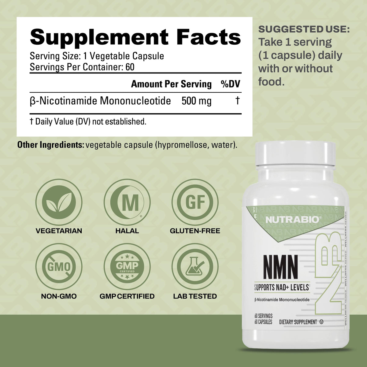NutraBio NMN - NAD Supplement, Longevity Support, Boost NAD Levels, Increase Cellular Energy, Brain Health, Healthy Aging- 60 Servings- 60 Capsules NutraBio