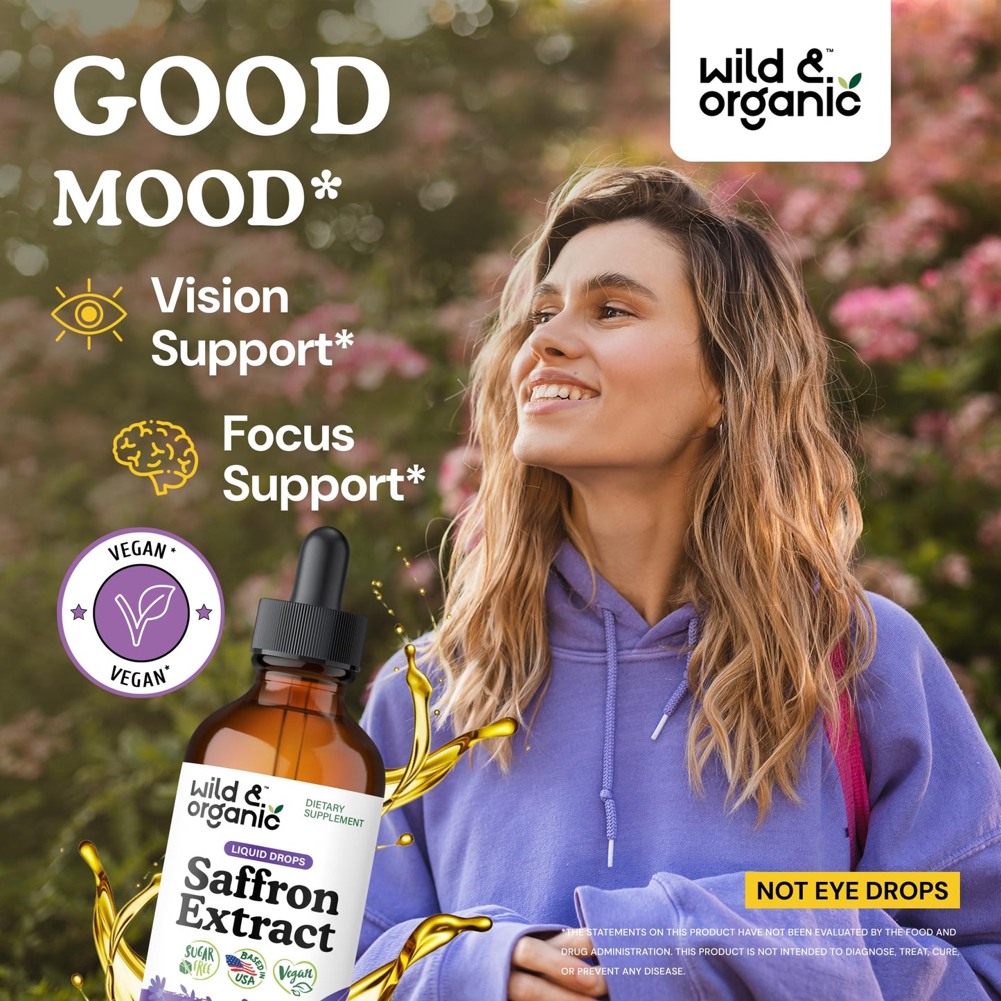 Wild & Organic Saffron Supplements 88.5 mg - Mood, Focus & Eye Support - Saffron Extract Liquid Drops - Add to Tea - 5-Month Supply - Crocus Sativus Herb Wild & Organic