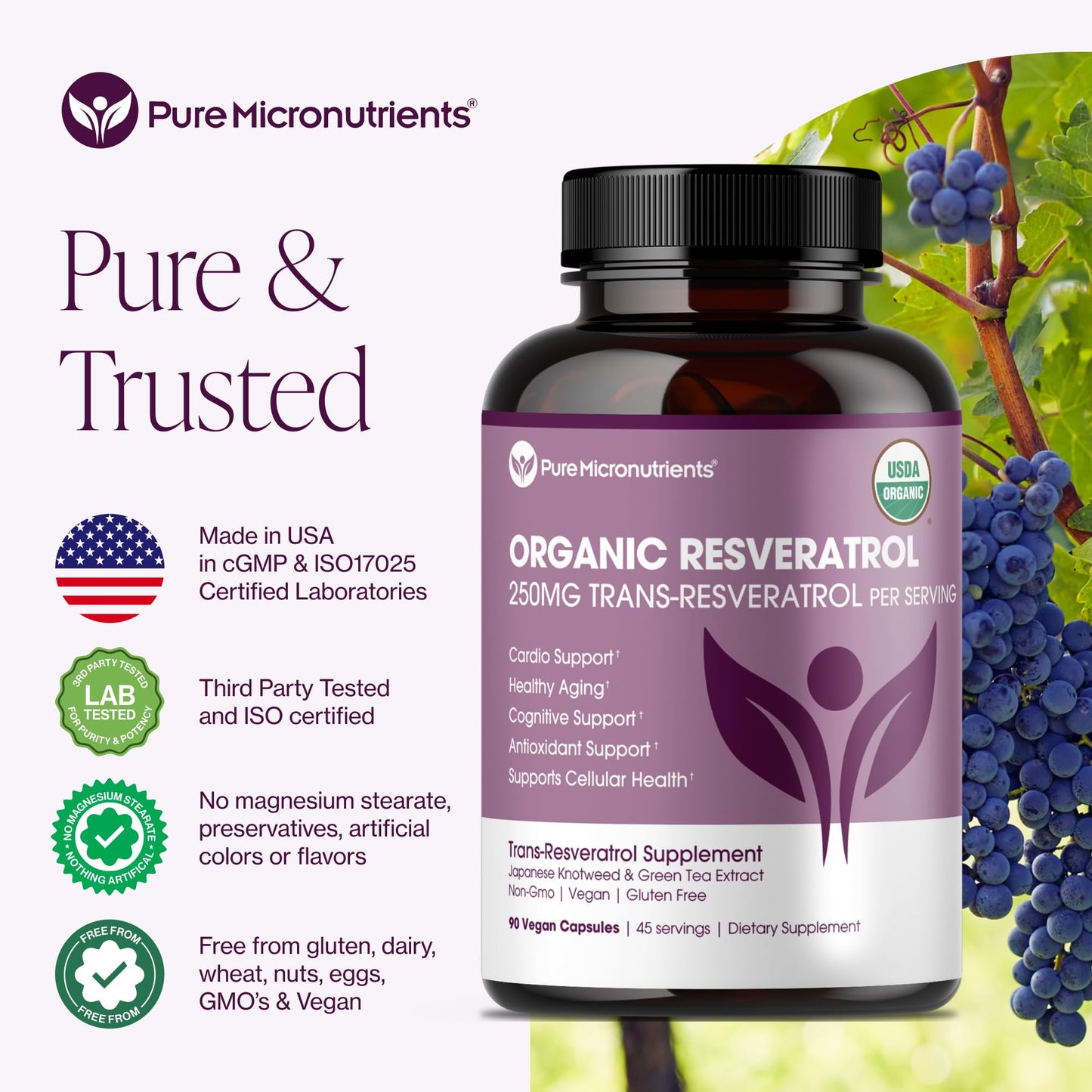 Organic Resveratrol Supplement – Trans-Resveratrol Capsules with Green Tea – Highly Purified & Bioavailable Pure Micronutrients