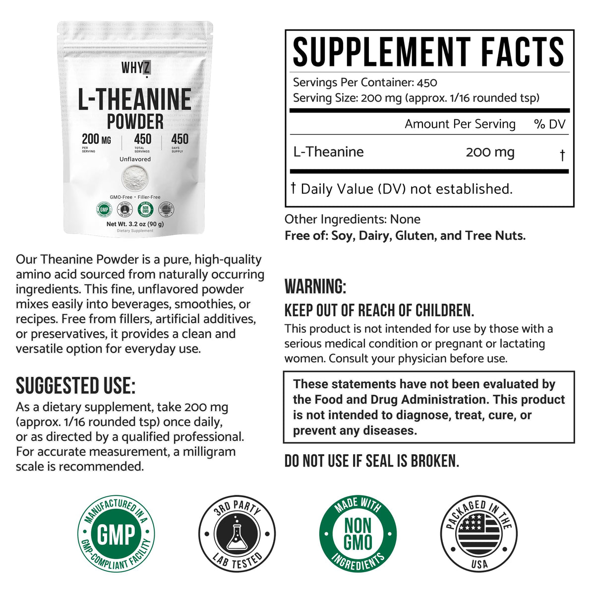 Pure L-Theanine Powder Unflavored Amino Acid Supplement Powder from Fine L-Theanine for Smooth Mixing Vegan Friendly Non-GMO No-Additives for Smoothies Drinks and Daily Nutrition Support, 3.2 oz (90g) WHYZ