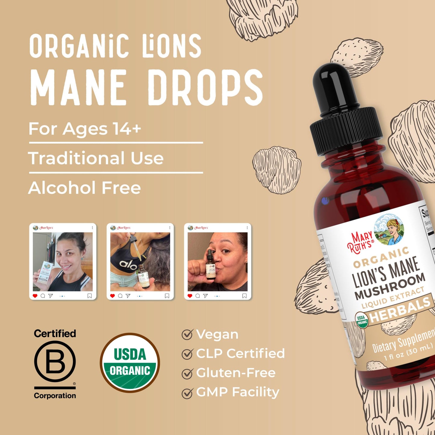 MaryRuth Organics Lions Mane Mushroom Supplement, Up to 1 Month Supply, Nootropic USDA Organic Lions Mane Extract Nervine Herbal Liquid Drops, Brain Health Non-GMO MARYRUTH'S