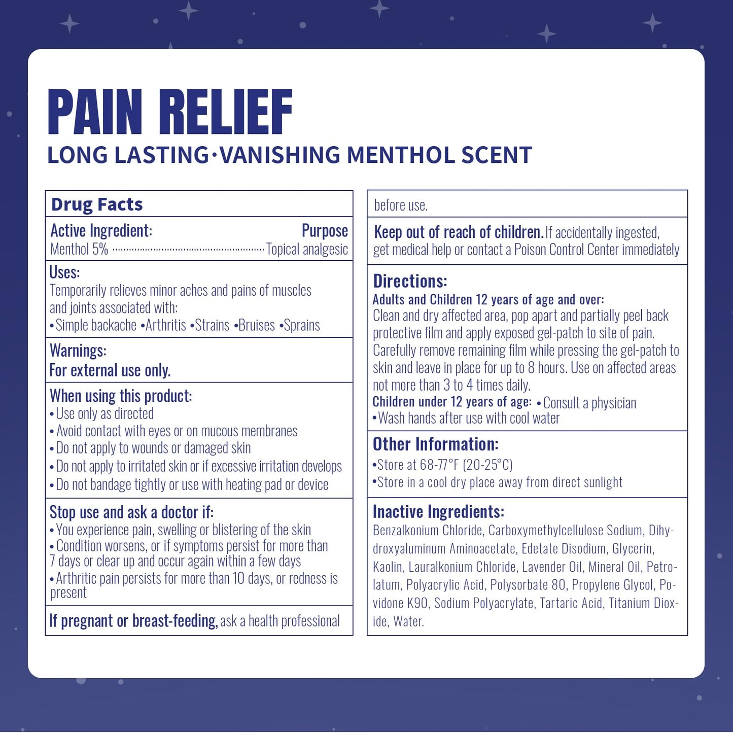 ZEEY 5% Menthol Overnight Pain Relief Patches, French Lavender Oil Pain Patch for Back, Knee, Neck, Shoulders, Joints, Muscle Soreness, Fast Acting, Topical Analgesic, Gel Patch, 3.94" x 2.76", 5Ct ZEEY
