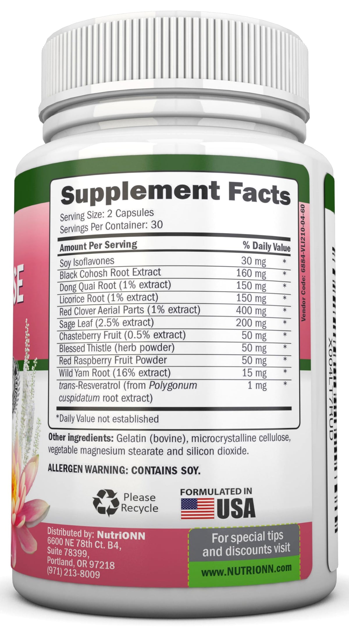 NutriONN Perimenopause Supplement for Women - Natural Support for Hot Flashes & Night Sweats - Improved Mood & Sleep - 11 Herbal Ingredients with Black Cohosh & Red Clover - Hormone Balance - Non-GMO NutriONN