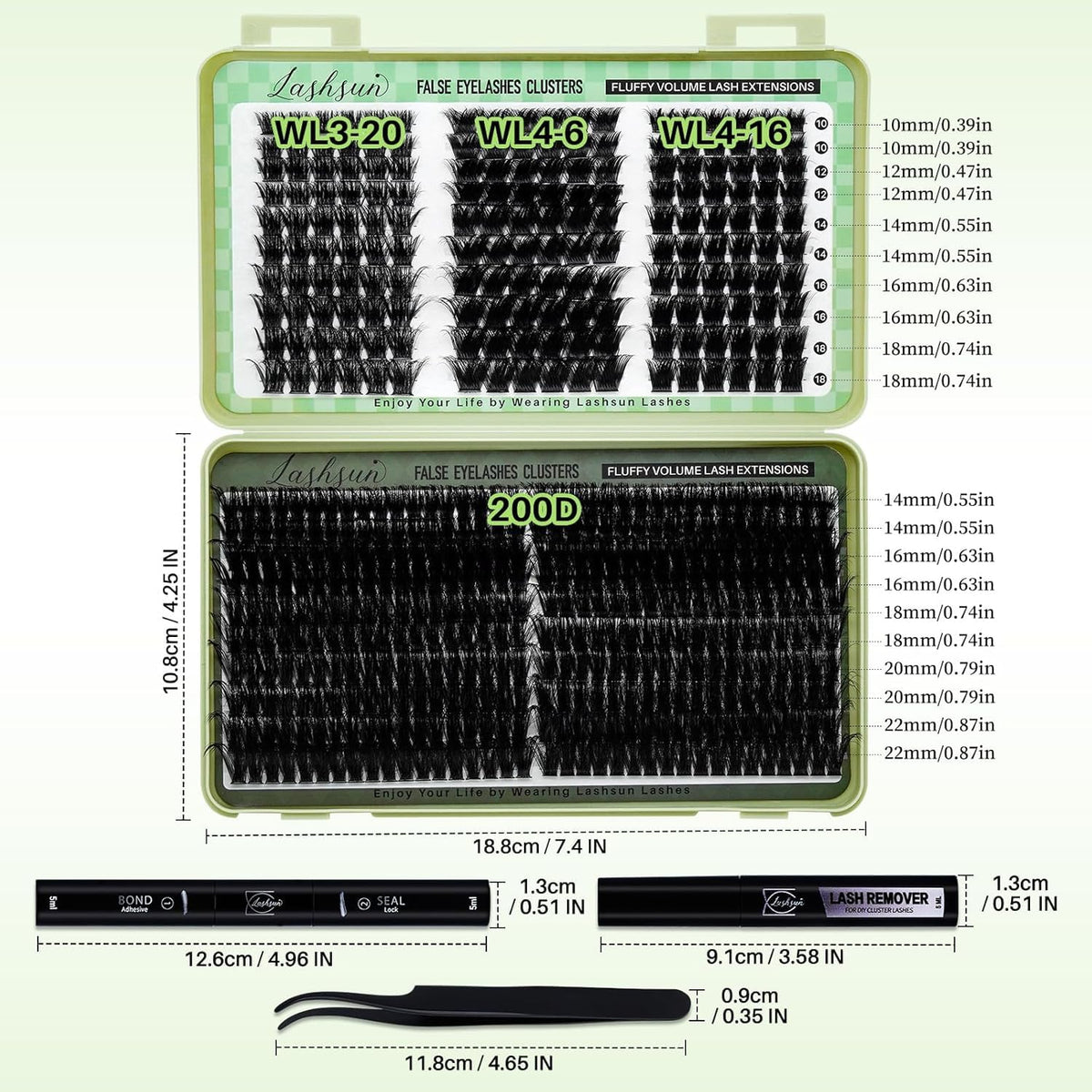 LASHSUN Lash Clusters Kit 540pcs D Curl 4 Styles 10-22mm Wispy Cluster Lashes Kit Soft and Comfortable False Eyelashes Extension Kit, DIY Long Lasting Lashes At Home (WL+200D Kit) LASHSUN