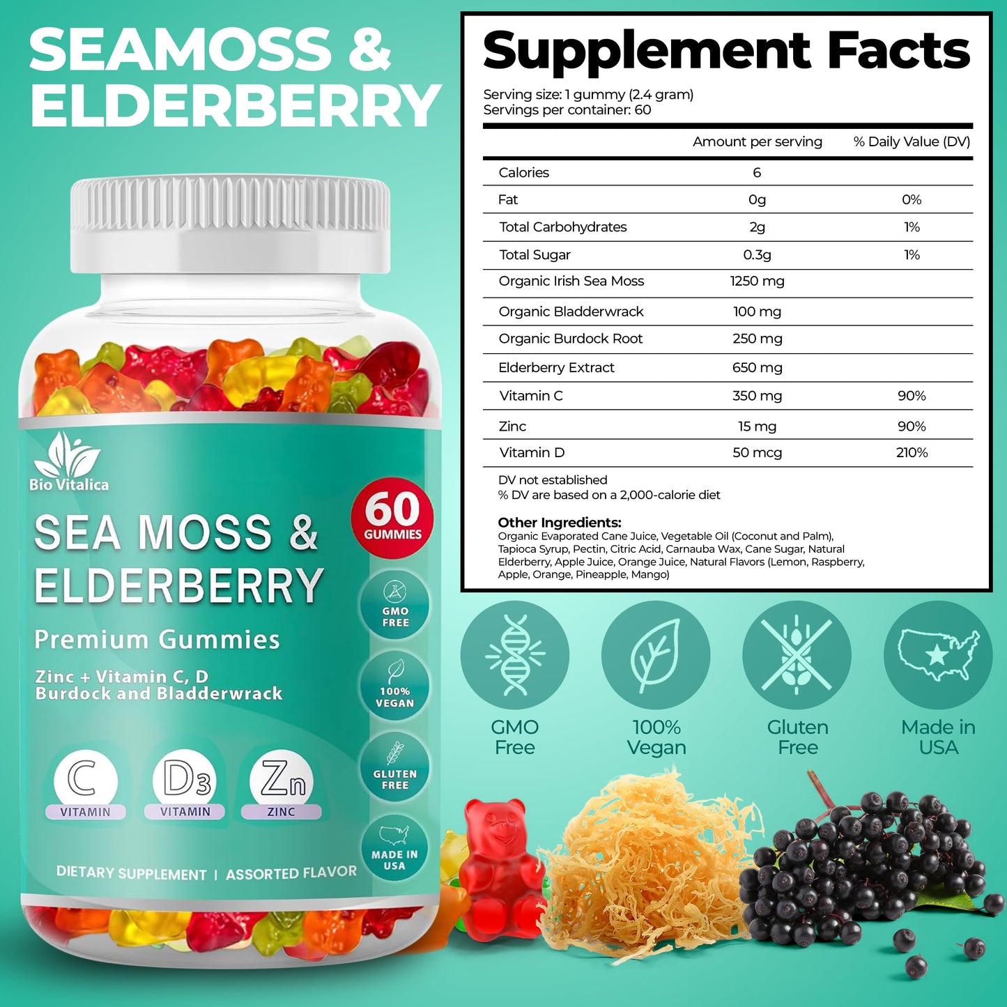 BIO VITALICA Irish Sea Moss Gummies with Elderberry – USA Made Vegan Gummies with Vitamin C, D & Zinc – Immune Support Supplement with Bladderwrack & Burdock Root for Adults & Kids – 3 Packs BIO VITALICA