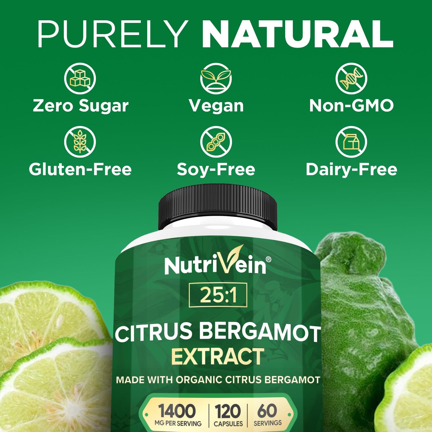 Nutrivein Premium Citrus Bergamot Supplement 1400mg 25:1 Bergamia Extract - 60 Day Supply (120 Capsules): Powerful Italian Citrus Bergamot 1400 mg+ Nutrivein