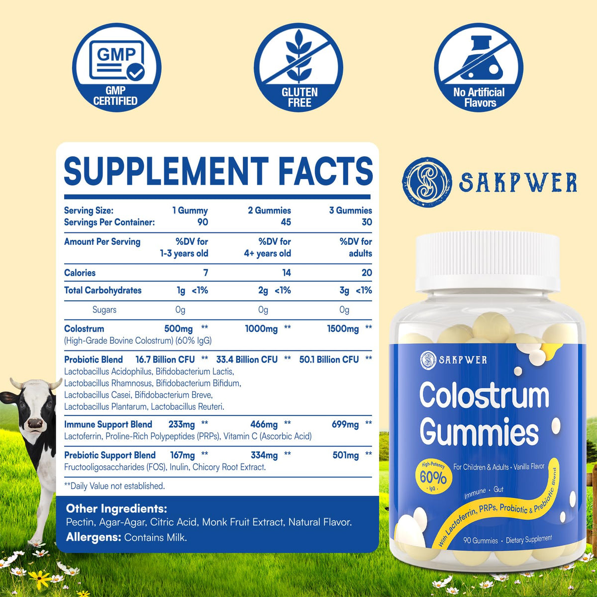 Sakpwer Bovine Colostrum Supplement Gummies - with 60% Highest IgG, Lactoferrin, Probiotics and Prebiotics for Adults and Kids, Vanilla Flavor & Sugar Free, 90 Gummies Sakpwer