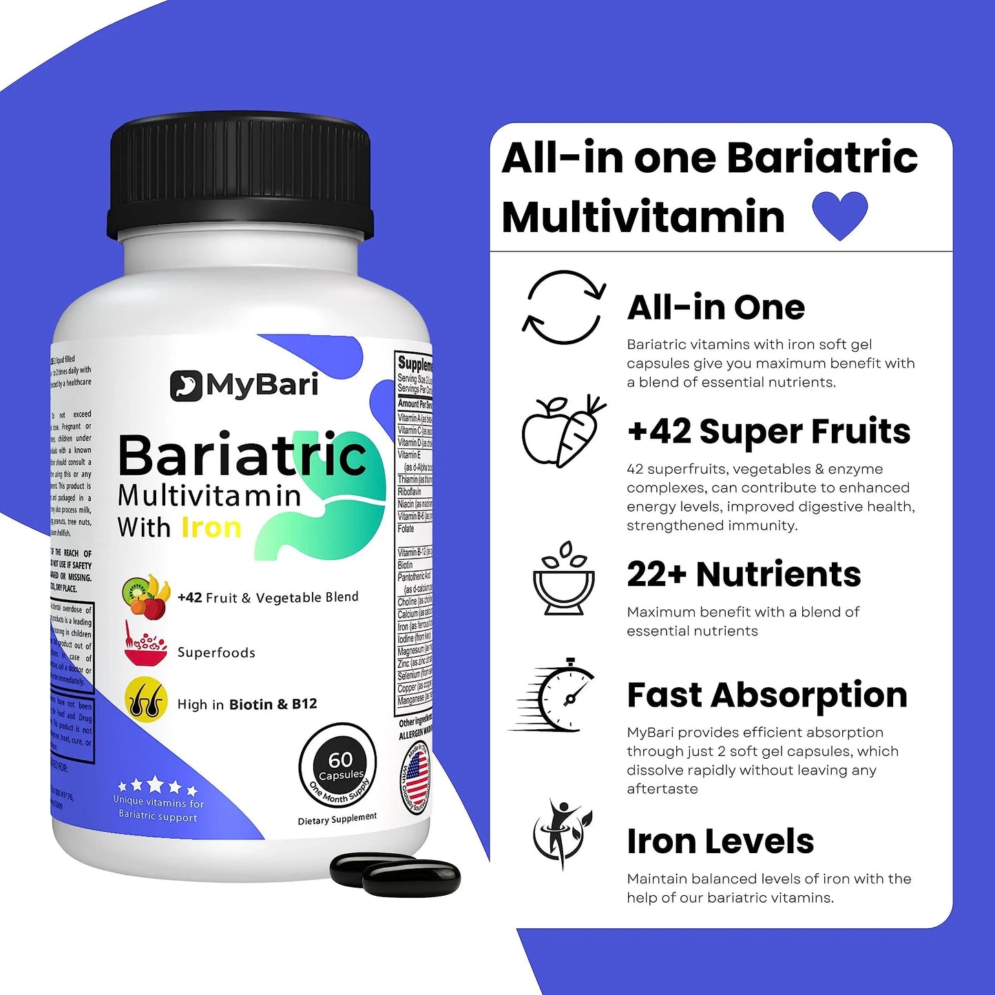 MyBari All-in-One Bariatric Multivitamin with Iron - Made in USA - for Men & Women - Supports Gastric Sleeve & Bypass with 42+ Fruit & Veggie Blend - 60 Liquid Capsules MyBari