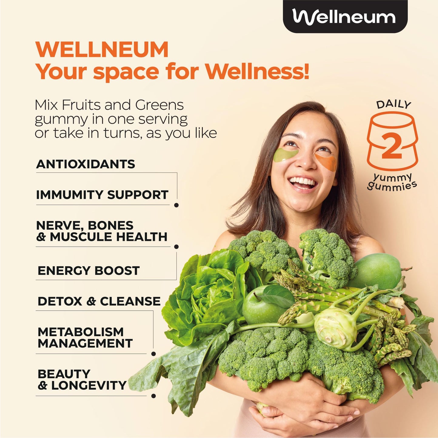 Super Greens + Super Fruits Gummies (Fruits/Greens Powder in Gummies Form) - 600mg Greens Blend + 600mg Fruits Blend for Immune Support, Sugar Free, Vegetarian, Non-GMO, 2-Pack (120 Gummies) Wellneum